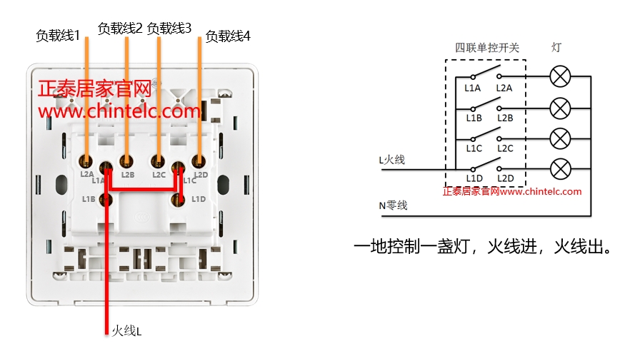 單控開關接線圖-四聯單控開關 單控開關接線圖-四聯單控開關